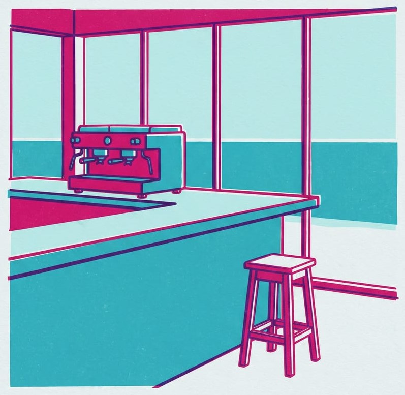 Serigrafia del banco del bar: la macchina del caffè, il piano e uno sgabello dentro il box vetrato.