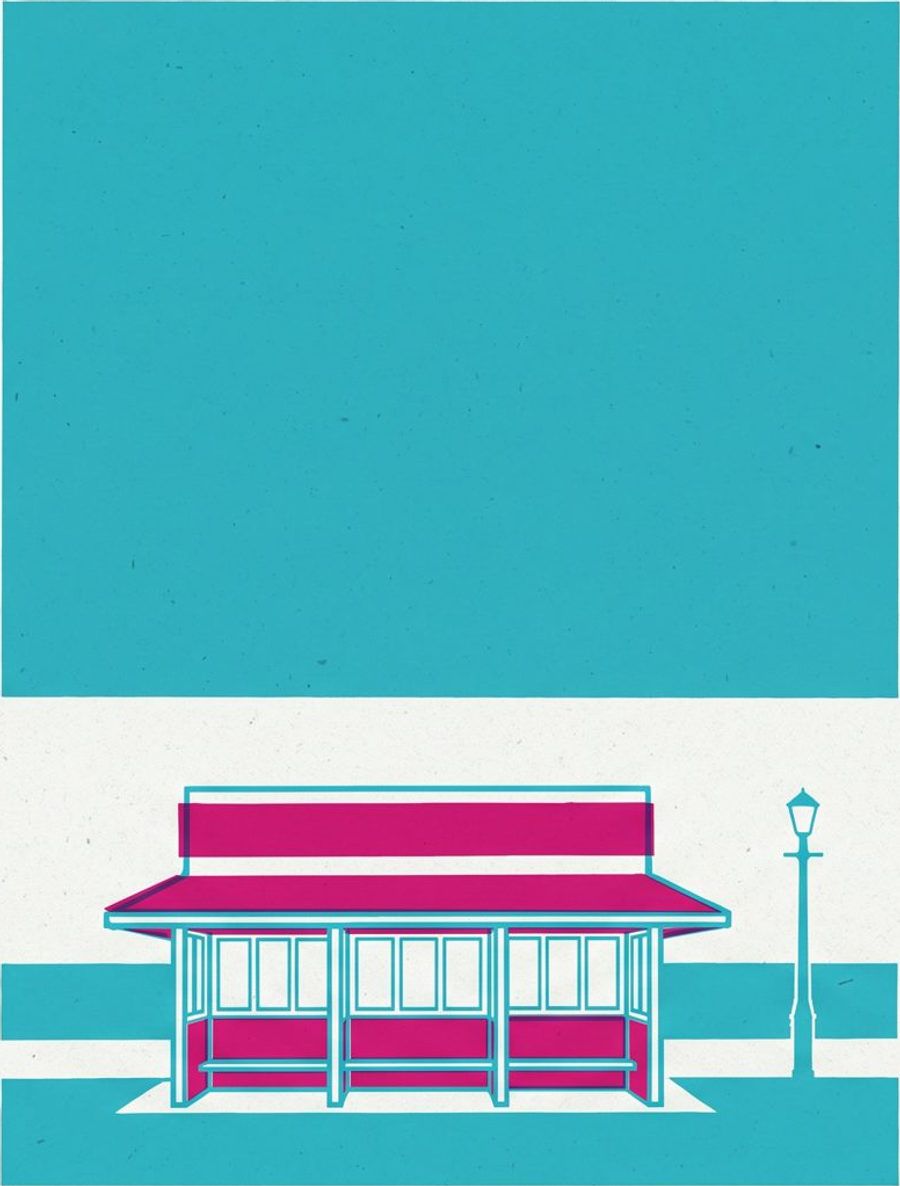 Serigrafia del chiosco di Fronte Mare sul lungomare di Trapani: la tenda magenta, il vetro, il mare a bande.
